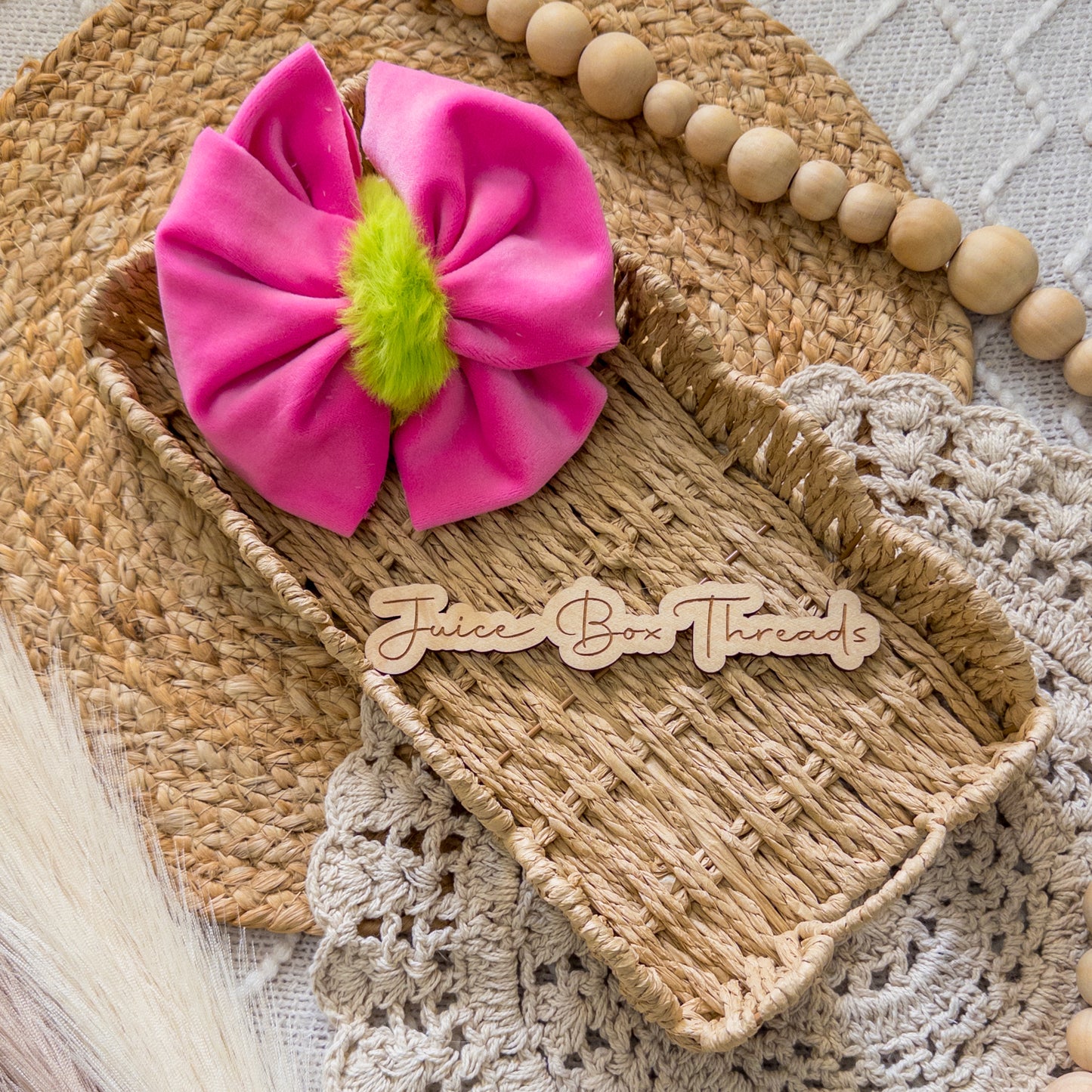 Pink Velvet and Green Fur Bow