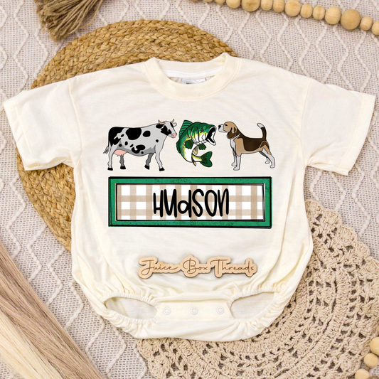 Cow, Fish, Dog Name Romper/Tee