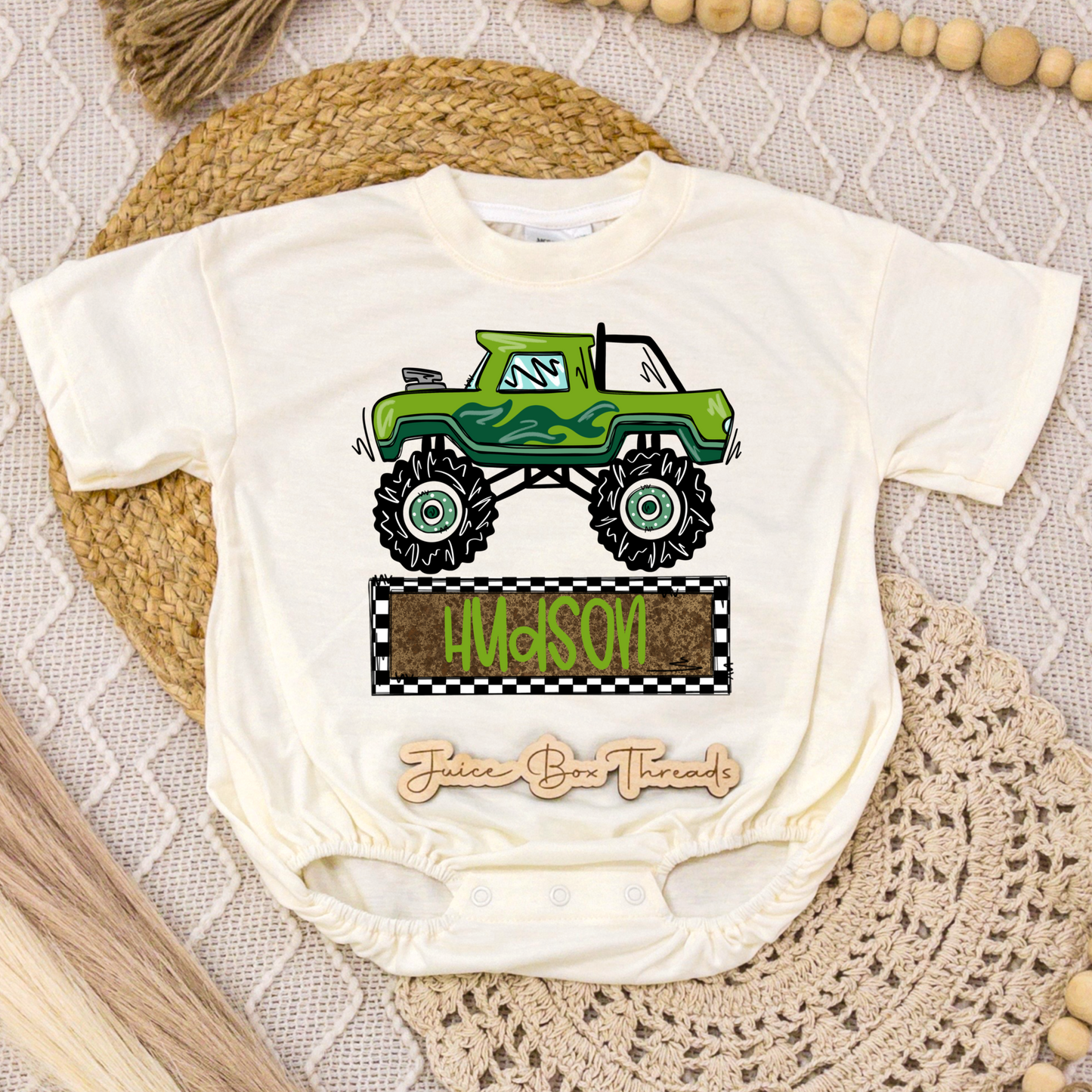 Green Monster Truck Name Romper/Tee