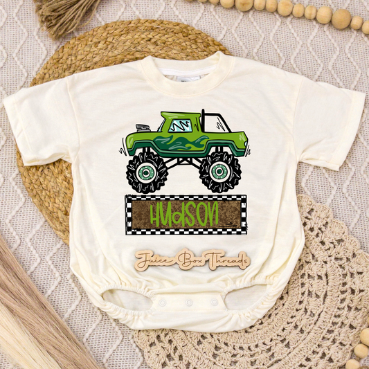 Green Monster Truck Name Romper/Tee