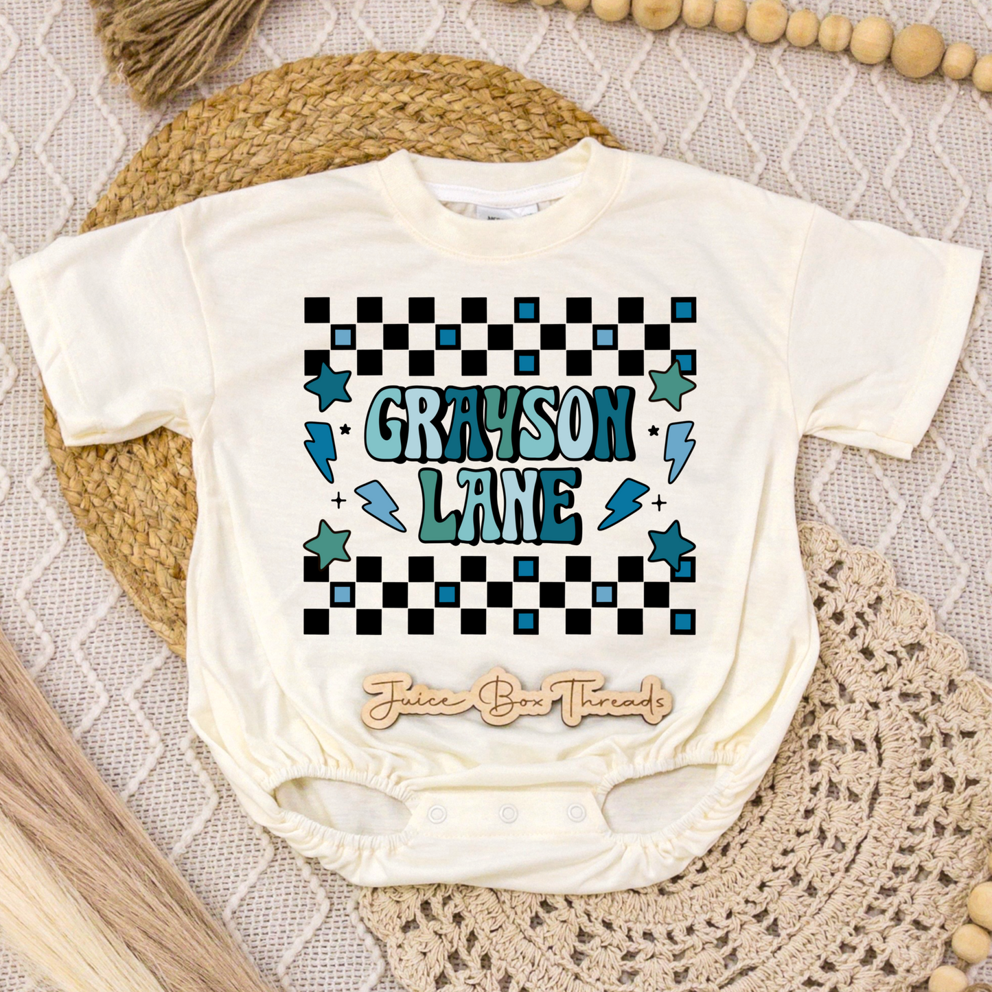 Blue Checkered Name Romper/Tee