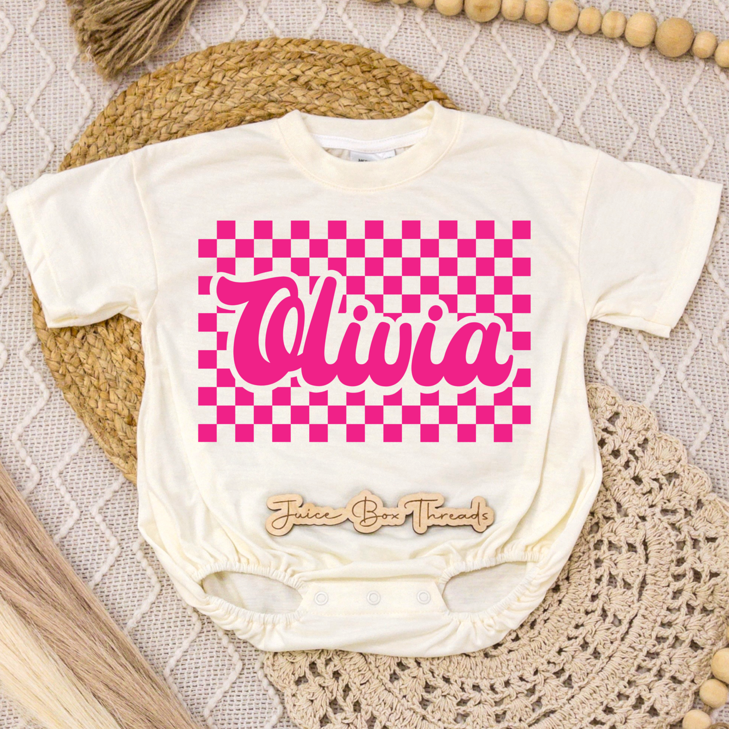 Pink Checkered Name Romper/Tee