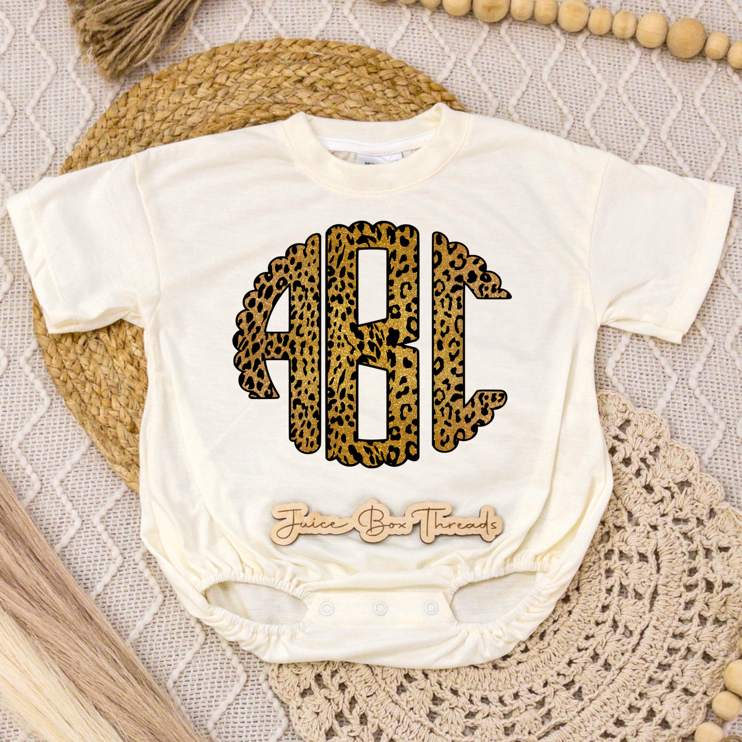 Gold Glitter Leopard Monogram Romper/Tee