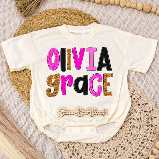 Preppy Pink Leopard Name Romper/Tee