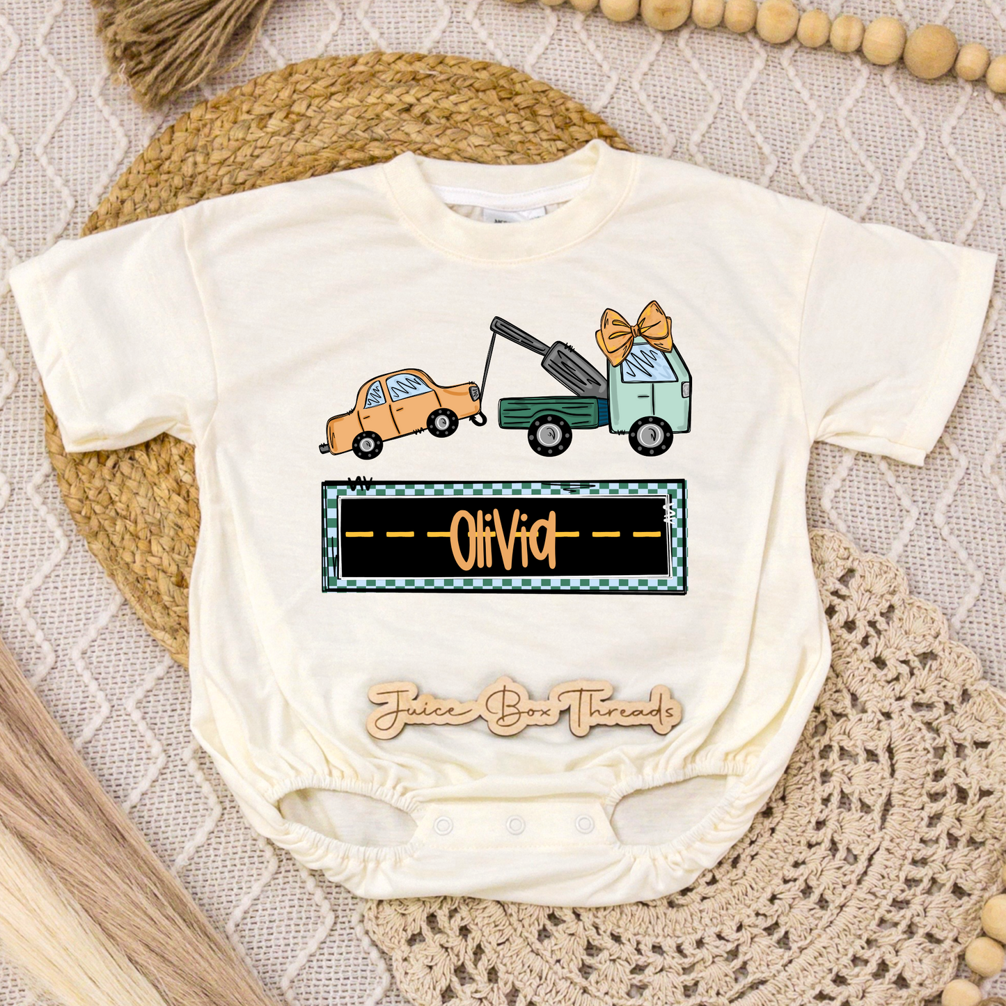 Girl Tow Truck Name Romper/Tee