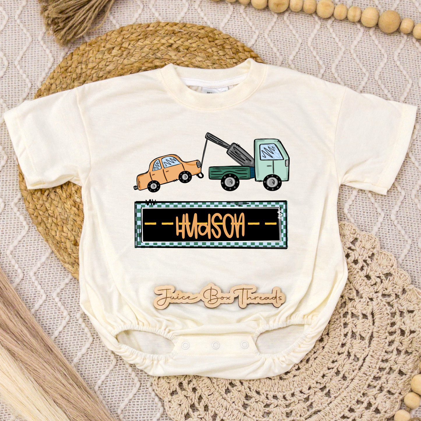 Boy Tow Truck Name Romper/Tee