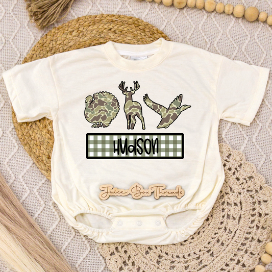 Turkey, Deer, Duck Camo Name Romper/Tee