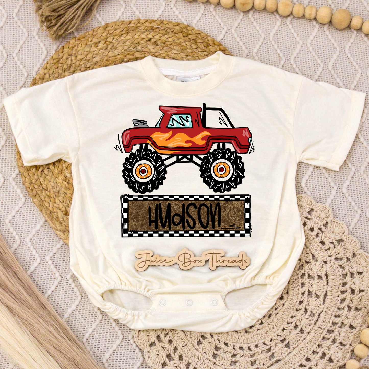 Red Monster Truck Name Romper/Tee