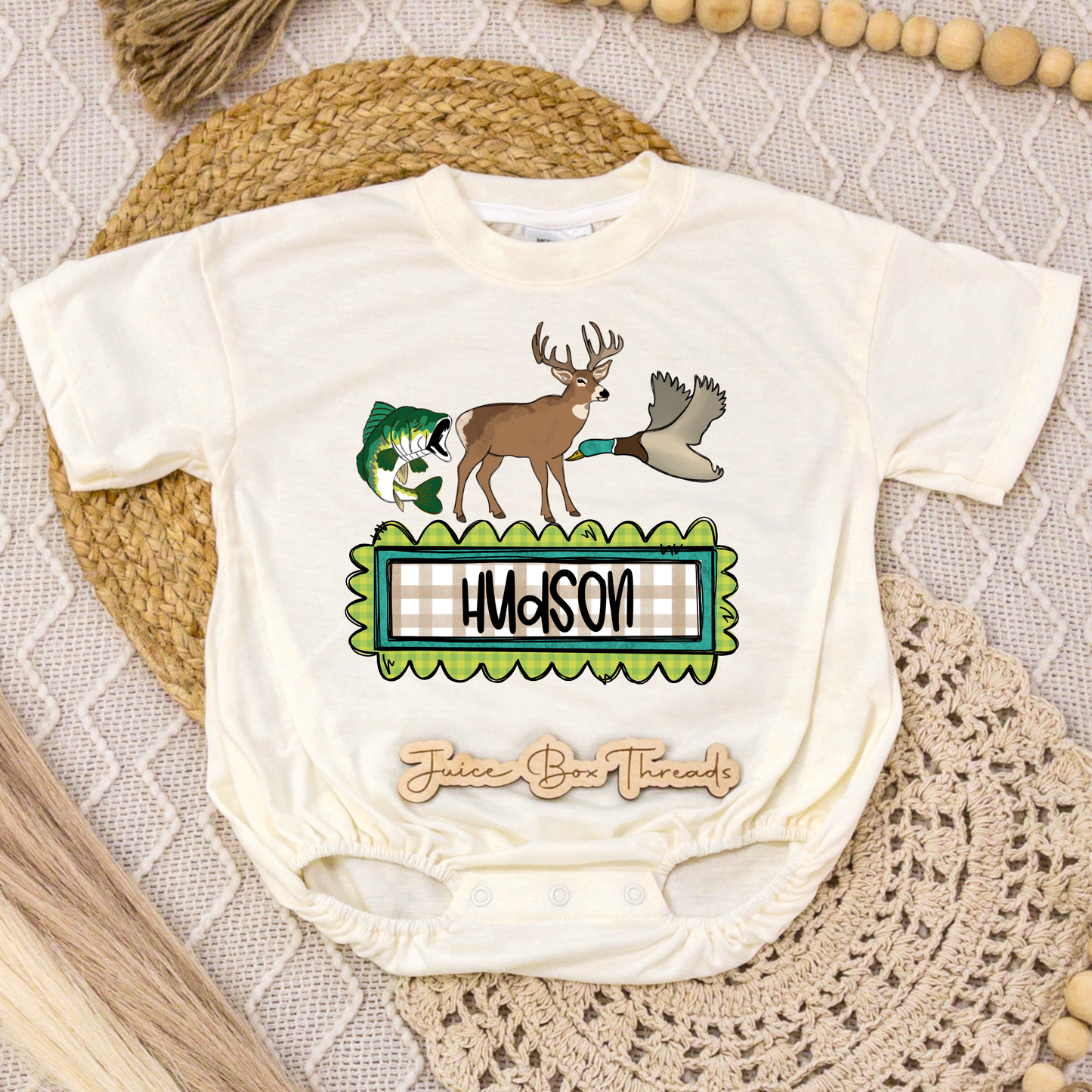 Fish, Deer, Duck Name Romper/Tee