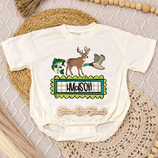 Fish, Deer, Duck Name Romper/Tee