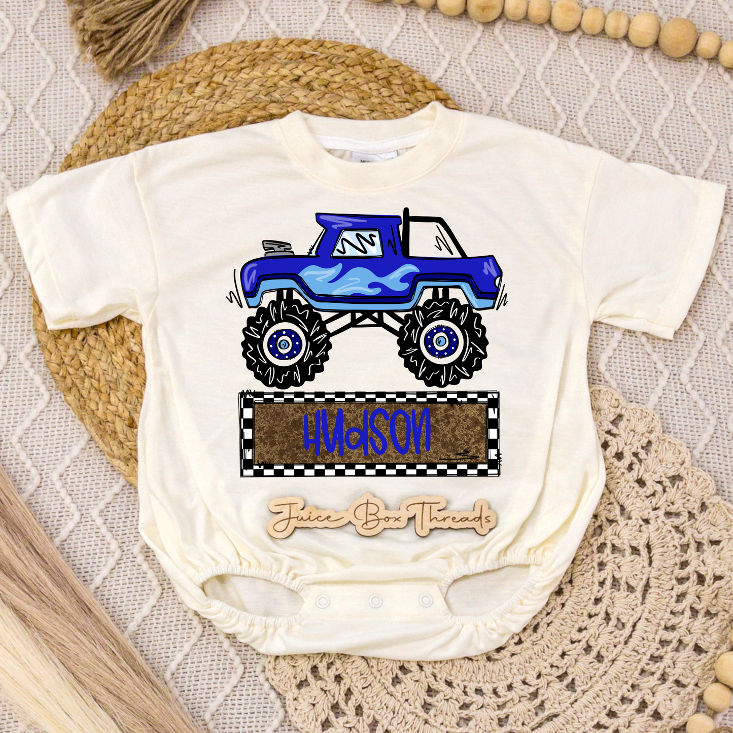 Blue Monster Truck Name Romper/Tee