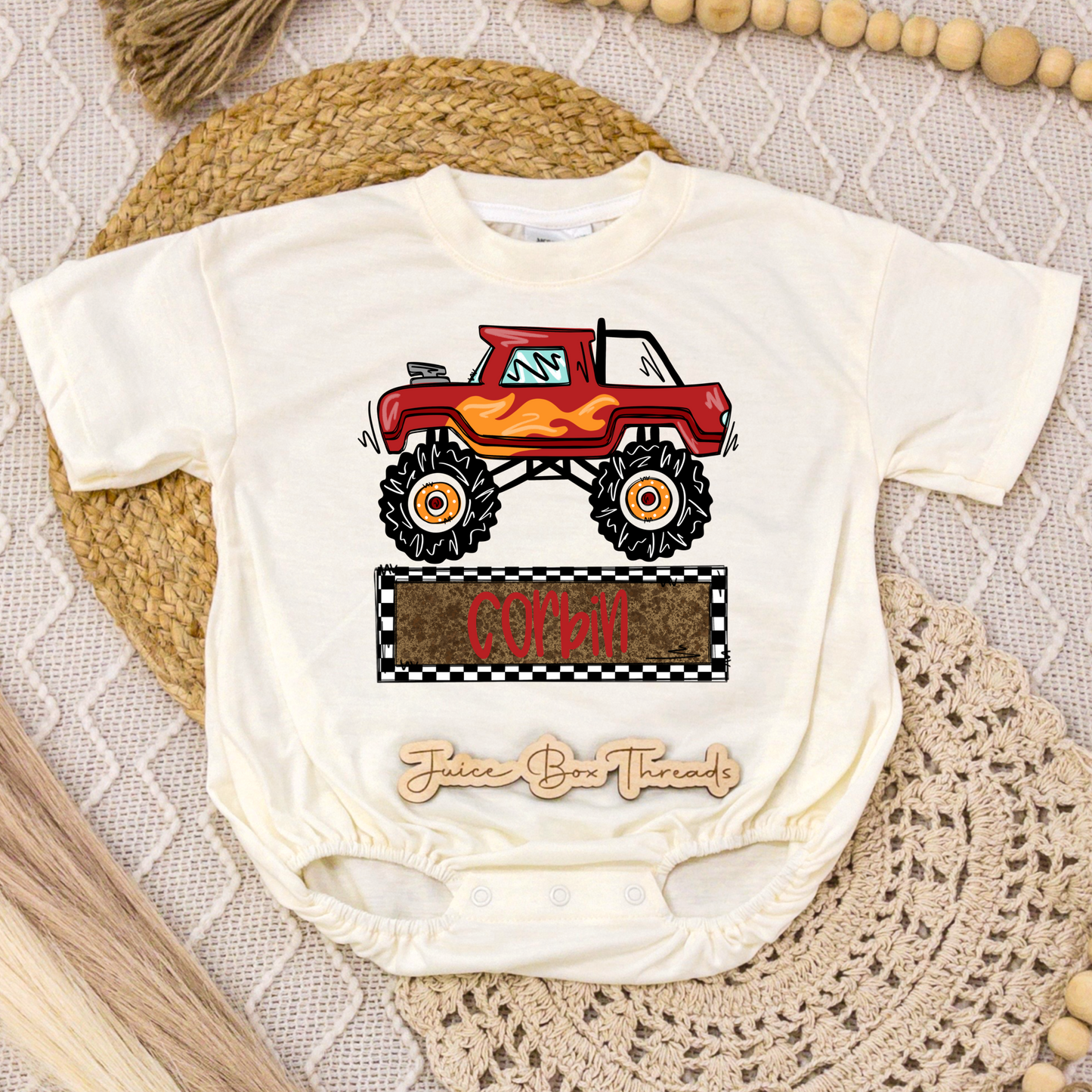 Red Monster Truck Name Romper/Tee
