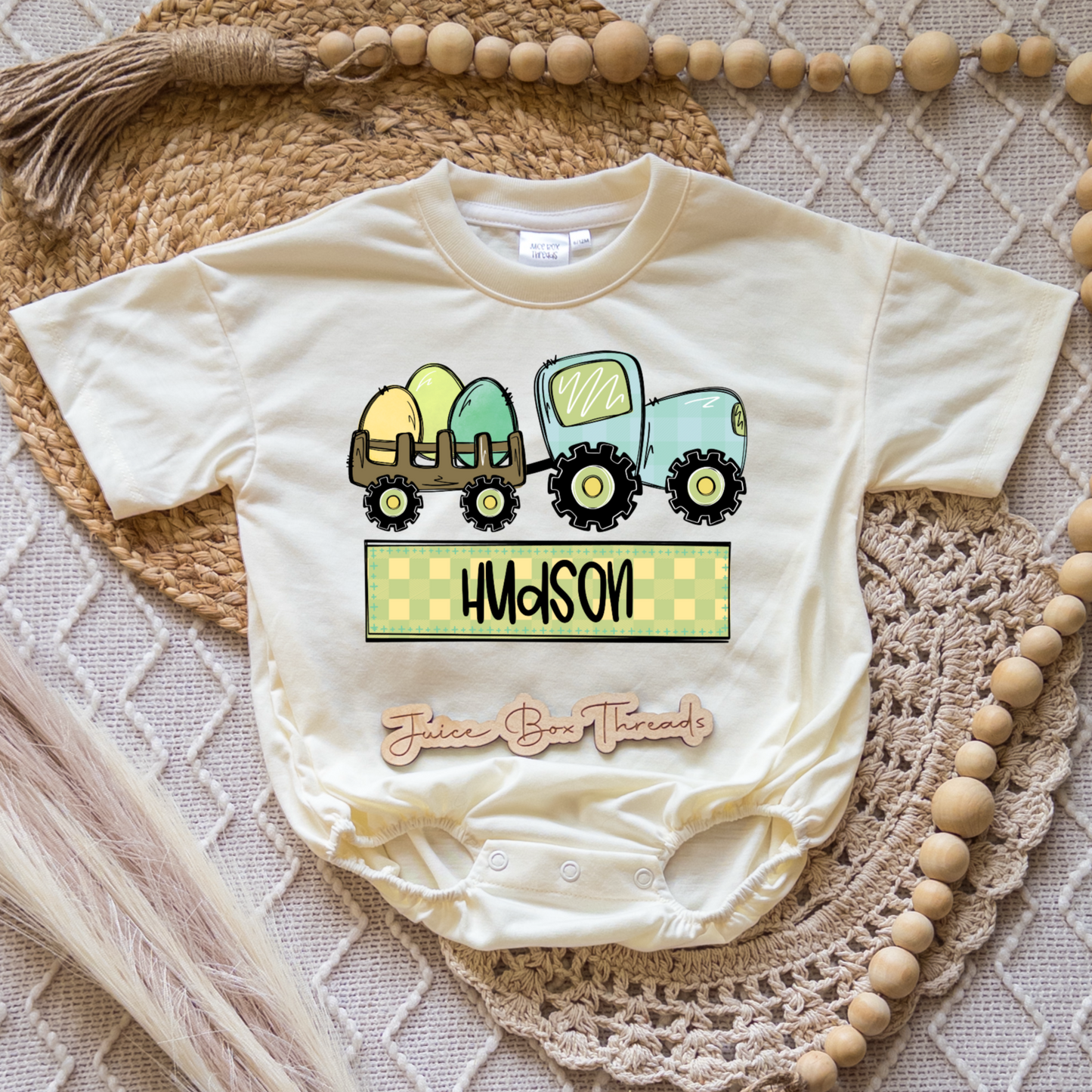 Tractor Egg Name Romper/Tee