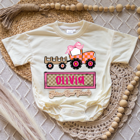 Pink Tractor Name Romper/Tee