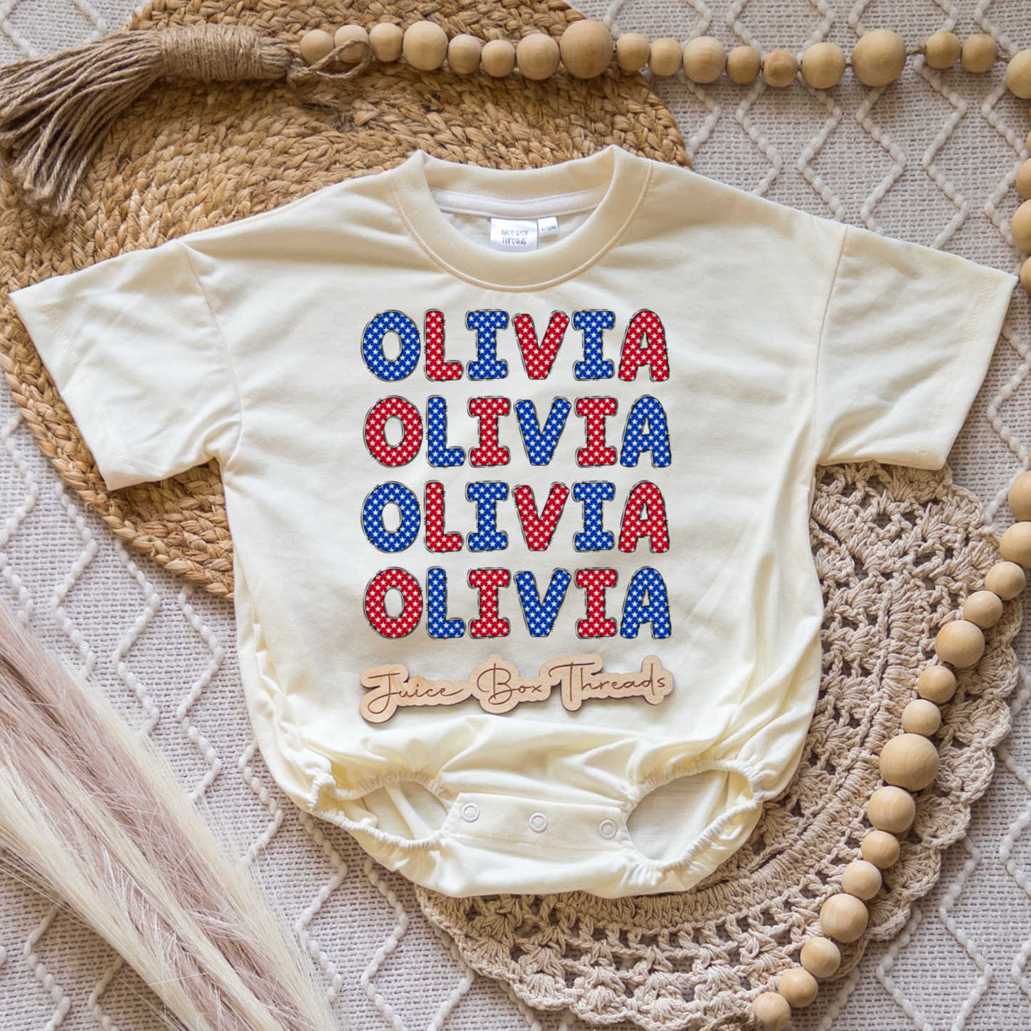 Stacked Patriotic Name Romper/Tee