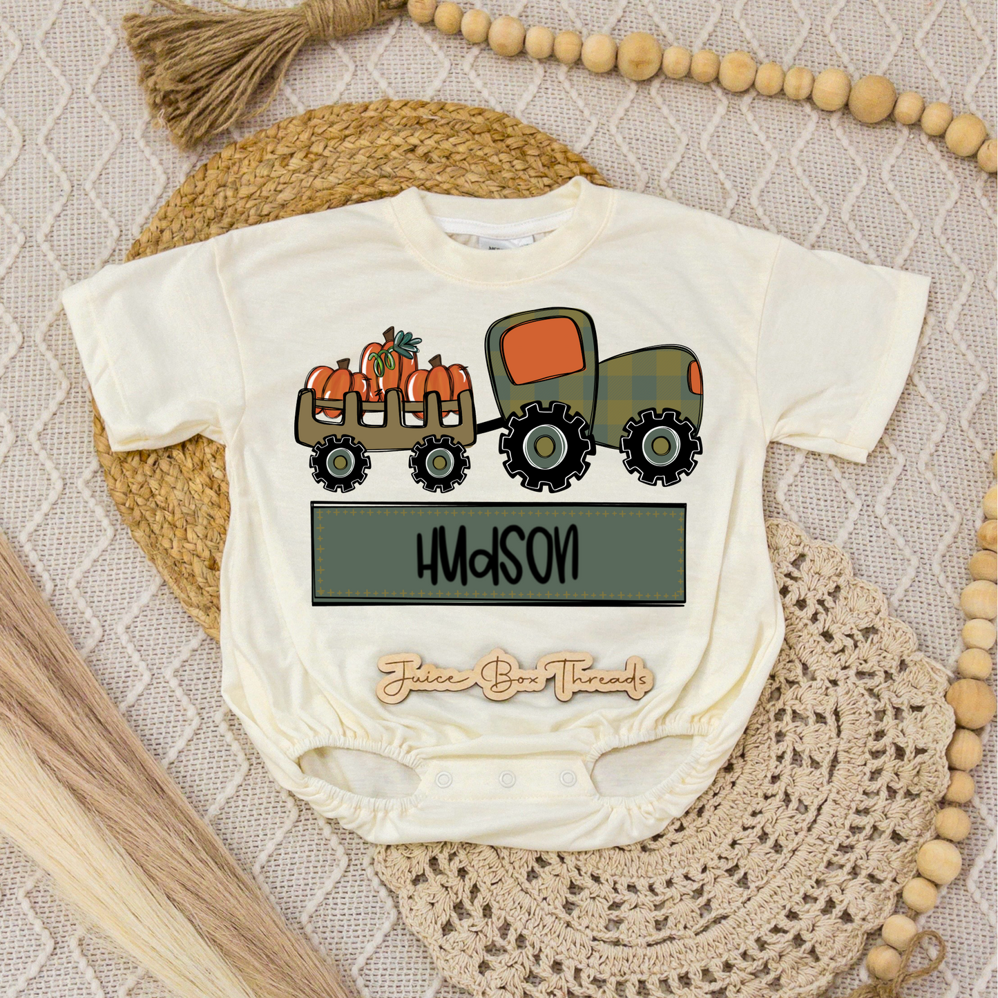 Boy Pumpkin Tractor Name Romper/Tee