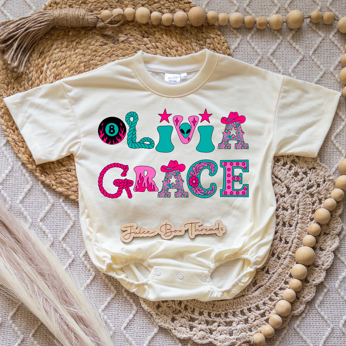 Western Name Pink and Turquoise Romper/Tee