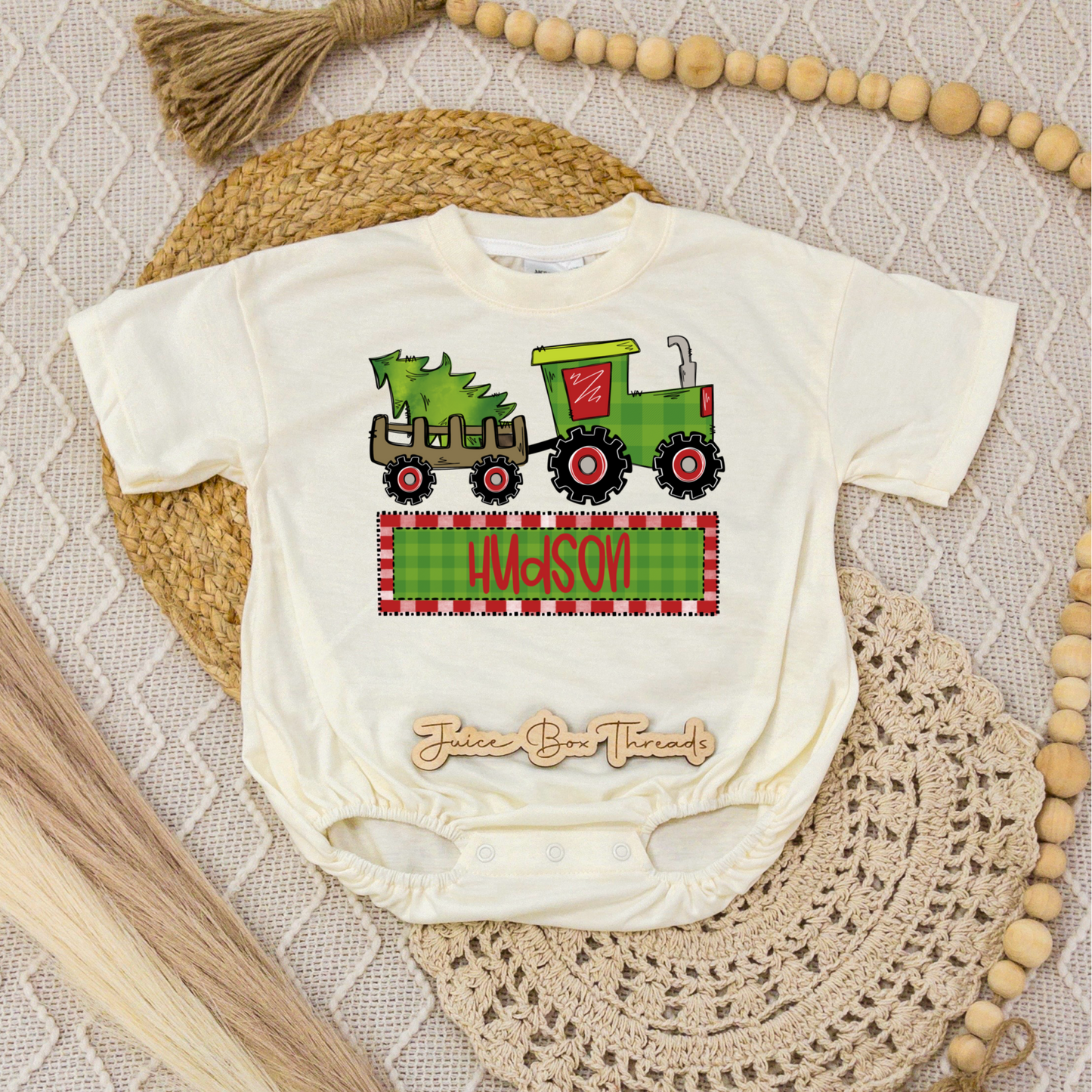 Christmas Tractor Name Romper/Tee