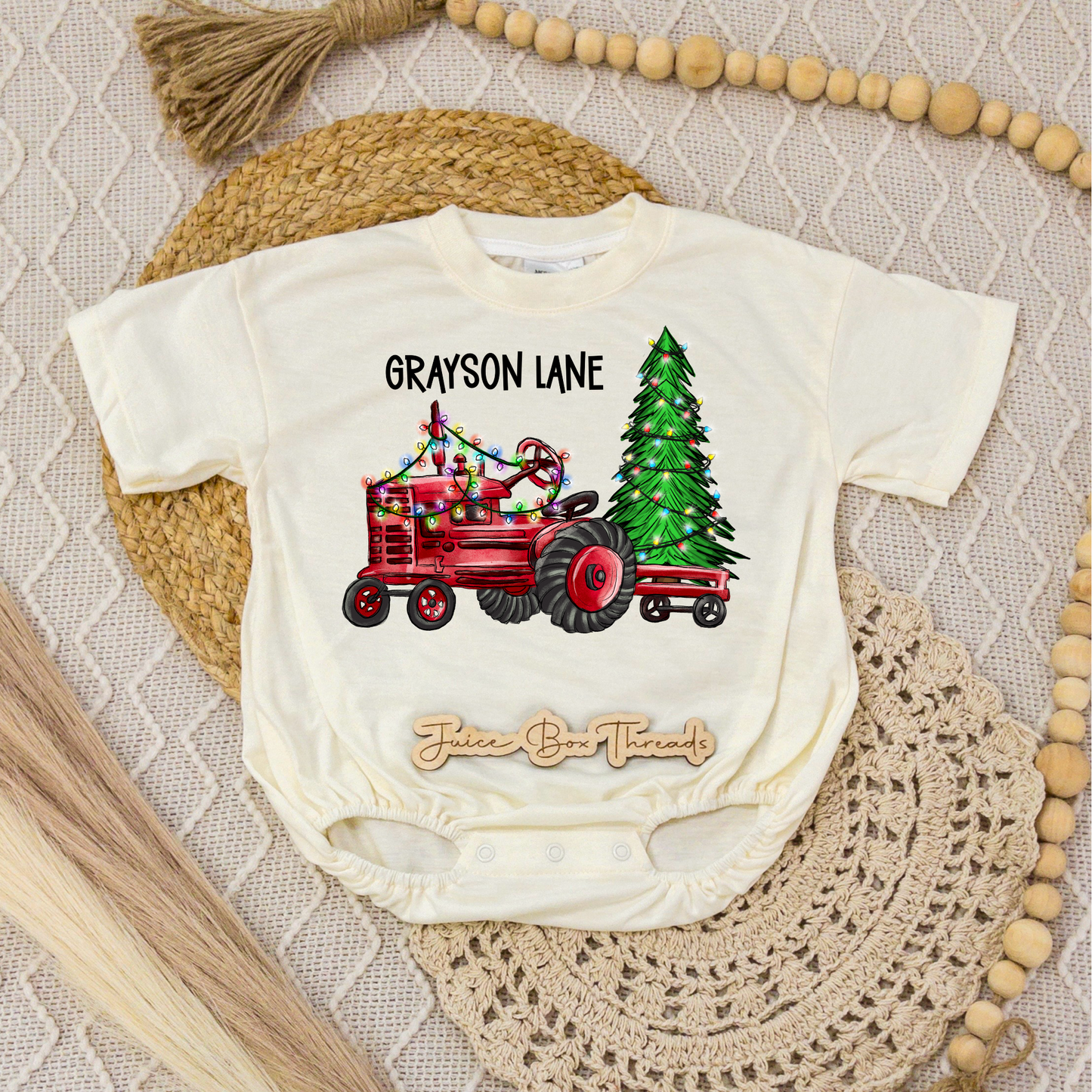 Christmas Tractor Name Romper/Tee